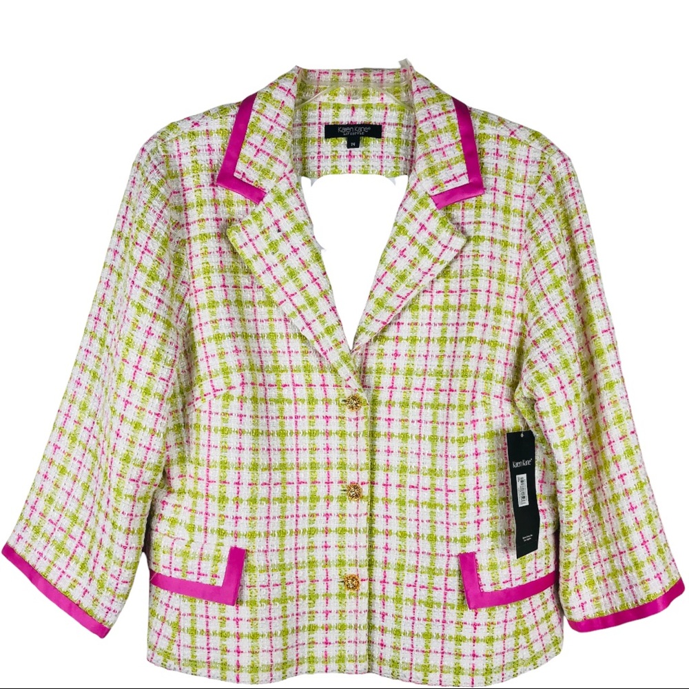 Karen Kane white pink green plaid tweed wood button pocket career office blazer